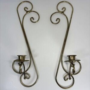 Home‎ Interiors Homco Shiny Brass Wall Mount Candle Sconces Curved Scrolls set 2